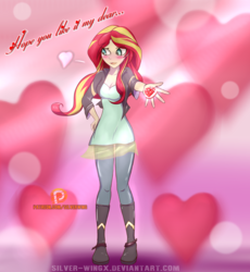 Size: 1469x1600 | Tagged: safe, artist:silver-wingx, sunset shimmer, human, equestria girls, g4, blushing, bronybait, chocolate, cleavage, dialogue, female, food, heart, humanized, solo, valentine