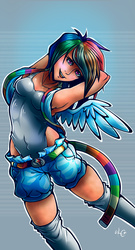 Size: 1000x1852 | Tagged: safe, artist:cameil, rainbow dash, human, g4, armpits, clothes, female, freckles, humanized, leotard, scarf, shorts, smiling, socks, solo, thigh highs, winged humanization