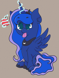 Size: 720x960 | Tagged: safe, artist:hedgehog-plant, princess luna, alicorn, pony, g4, :p, apple, cute, ear fluff, female, fluffy, food, levitation, magic, mare, sitting, solo, spread wings, telekinesis, tongue out