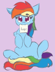 Size: 459x594 | Tagged: safe, artist:hedgehog-plant, rainbow dash, pegasus, pony, g4, female, hug request, looking at you, mare, mouth hold, note, on back, simple background, solo