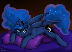 Size: 1280x924 | Tagged: safe, artist:alexispaint, princess luna, g4, bed, female, pillow, prone, smiling, solo