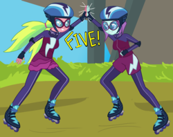 Size: 2148x1702 | Tagged: safe, artist:oneovertwo, lemon zest, sunny flare, equestria girls, g4, my little pony equestria girls: friendship games, high five, rollerblades