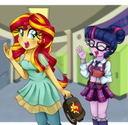 Size: 1100x1080 | Tagged: safe, artist:lucy-tan, sci-twi, sunset shimmer, twilight sparkle, equestria girls, g4, my little pony equestria girls: friendship games, backpack, book, canterlot high, clothes, crystal prep academy uniform, cute, glasses, necktie, school, school tie, school uniform, schoolgirl, shimmerbetes, smiling, twiabetes, waving