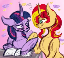 Size: 2200x2000 | Tagged: safe, artist:agentesinrebus, sunset shimmer, twilight sparkle, alicorn, pony, unicorn, g4, blushing, curved horn, female, happy, high res, horn, lesbian, mare, ship:sunsetsparkle, shipping, sketchy, smiling, twilight sparkle (alicorn)