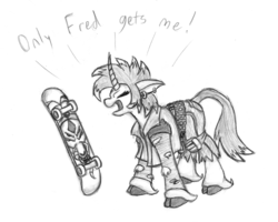 Size: 1000x800 | Tagged: safe, artist:geminishadows, oleander (tfh), classical unicorn, them's fightin' herds, clothes, community related, female, grayscale, horn, leonine tail, monochrome, pun, skateboard, solo, traditional art