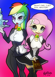 Size: 707x1000 | Tagged: safe, artist:clopplots, fluttershy, rainbow dash, human, equestria girls, g4, breasts, busty rainbow dash, clothes, collar, fanfic, fanfic art, fanfic cover, female, humanized, maid, master, mind control, pony coloring, speech, tray, waitress