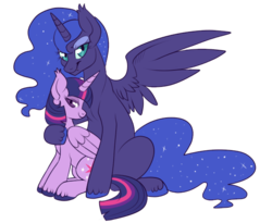 Size: 600x493 | Tagged: safe, artist:lulubell, princess luna, twilight sparkle, alicorn, pony, g4, closed mouth, colored hooves, ear tufts, ethereal hair, ethereal mane, ethereal tail, evil, eyeshadow, fangs, female, folded wings, lesbian, looking at you, makeup, missing accessory, nightmare luna, ship:twiluna, shipping, simple background, sitting, slit pupils, smiling, sparkly mane, sparkly tail, spread wings, starry mane, starry tail, tail, transparent background, twilight sparkle (alicorn), unshorn fetlocks, wings