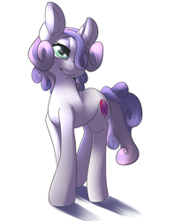 Size: 1600x2028 | Tagged: safe, artist:sourspot, sweetie belle, g4, bedroom eyes, cutie mark, female, hair over one eye, older, simple background, solo, the cmc's cutie marks, white background