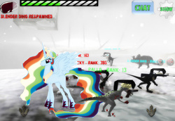 Size: 2041x1403 | Tagged: safe, edit, rainbow dash, alicorn, dinosaur, pony, velociraptor, g4, 3d, barely pony related, food, game, gun, meat, race swap, rainbowcorn, raptors online, screenshot by lightshot, snow, weapon