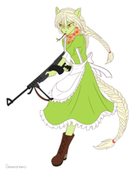 Size: 1024x1316 | Tagged: safe, artist:gekkaneko, granny smith, earth pony, anthro, g4, boots, clothes, dress, female, gun, m1941 johnson lmg, machine gun, solo, weapon, young granny smith, younger