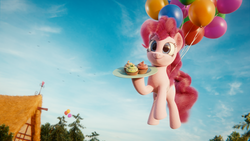 Size: 1280x720 | Tagged: safe, artist:trombonyponypie, pinkie pie, earth pony, pony, g4, 3d, balloon, blender, cupcake, female, floating, food, hoof hold, mare, plate, smiling, solo, then watch her balloons lift her up to the sky, tree