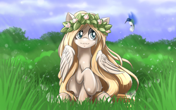 Size: 2520x1575 | Tagged: safe, artist:malifikyse, oc, oc only, oc:cuddle prancer, bird, hummingbird, dandelion, floral head wreath, flower, grass, raised hoof, sitting, solo, wreath