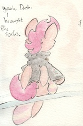 Size: 680x1027 | Tagged: safe, artist:slightlyshade, scootaloo, pegasus, pony, g4, clothes, dialogue, female, filly, implied rainbow dash, jacket, solo, traditional art