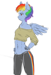 Size: 1280x1905 | Tagged: safe, artist:onion-hime, rainbow dash, anthro, g4, abs, belly button, clothes, ear fluff, female, hand on hip, midriff, off shoulder, pants, simple background, solo, sweater, transparent background