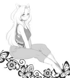 Size: 1280x1421 | Tagged: safe, artist:onion-hime, fluttershy, anthro, unguligrade anthro, g4, clothes, cute, female, flower, grayscale, monochrome, solo