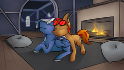 Size: 3000x1687 | Tagged: safe, artist:marsminer, oc, oc only, oc:solace, oc:tinker, cuddling, fireplace, goggles, pair, snuggling