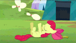 Size: 590x332 | Tagged: safe, screencap, apple bloom, brotherhooves social, g4, animated, bowling pin, discovery family logo, eyes closed, female, juggling, loop, smiling