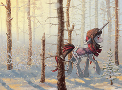 Size: 1555x1156 | Tagged: safe, artist:koviry, oc, oc only, pony, unicorn, clothes, commission, forest, snow, snowfall, solo, winter