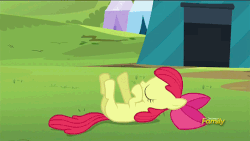 Size: 590x332 | Tagged: safe, screencap, apple bloom, earth pony, pony, brotherhooves social, g4, adorabloom, animated, cute, discovery family logo, eyes closed, female, hoofy-kicks, on back, smiling