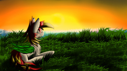 Size: 1600x900 | Tagged: safe, artist:infernal69, oc, oc only, pony, colored wings, eyes closed, grass, sky, solo, sunset, wings