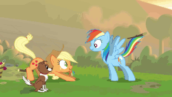 Size: 1280x720 | Tagged: safe, artist:brutalweather studio, applejack, rainbow dash, winona, dog, earth pony, pegasus, pony, apple thief (animation), g4, animated, apple, appledog, behaving like a dog, cute, dashabetes, female, food, jackabetes, prehensile tail, show accurate, silly, silly pony, stick, tail wag, tongue out, who's a silly pony, youtube link, zap apple