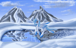 Size: 1900x1200 | Tagged: safe, artist:infernal69, oc, oc only, oc:ice dreams, pegasus, pony, clothes, cloud, colored wings, colored wingtips, female, gradient hooves, gradient wings, ice, ice skating, looking at you, mare, mountain, reflection, skating, sky, snow, solo, winter