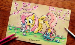 Size: 800x484 | Tagged: safe, artist:ltiachan, angel bunny, fluttershy, pegasus, pony, rabbit, g4, bow, cherry blossoms, colored pencil drawing, crayon, easter, easter egg, female, mare, smiling, traditional art