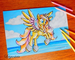 Size: 800x641 | Tagged: safe, artist:ltiachan, oc, oc only, oc:ariona, alicorn, pony, alicorn oc, cloud, colored pencil drawing, horn, solo, traditional art, wings