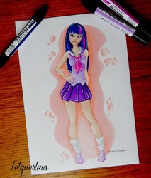 Size: 600x704 | Tagged: safe, artist:ltiachan, twilight sparkle, human, g4, clothes, humanized, markers, mary janes, pleated skirt, shoes, skirt, socks, traditional art