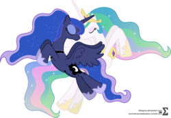 Size: 9020x6240 | Tagged: safe, artist:90sigma, princess celestia, princess luna, alicorn, pony, g4, absurd resolution, duo, duo female, eyes closed, female, jewelry, mare, regalia, royal sisters, siblings, simple background, sisters, transparent background, vector