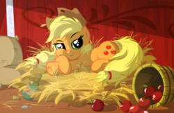 Size: 5715x3736 | Tagged: safe, artist:rainihorn, applejack, earth pony, pony, g4, absurd resolution, alcohol, apple, barn, cider, female, food, hay, looking at you, prone, smirk, solo