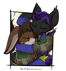 Size: 1280x1365 | Tagged: safe, artist:bbsartboutique, oc, oc only, oc:computerchip, oc:dillydally, bat pony, donkey, pony, fallout equestria, bed, clothes, cute, daaaaaaaaaaaw, diablo canyon, fallout, jumpsuit, pipbuck, sleeping, smiling, snuggling, vault suit