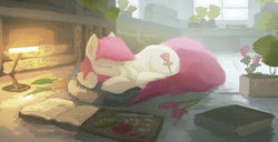 Size: 2575x1321 | Tagged: safe, artist:fuzzyfox11, roseluck, earth pony, pony, g4, book, dust motes, female, fireplace, flower, mare, prone, rose, sleeping, solo
