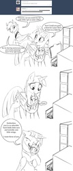 Size: 1280x2988 | Tagged: safe, artist:silfoe, twilight sparkle, oc, oc:evening melody, alicorn, bat pony, pony, royal sketchbook, g4, baby, baby pony, cute, dialogue, female, file, file cabinet, grayscale, hug, mare, monochrome, sling, twilight sparkle (alicorn)