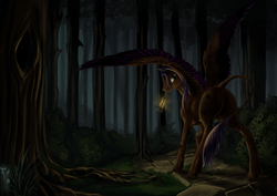 Size: 3508x2480 | Tagged: safe, artist:kirillk, oc, oc only, oc:evening howler, pegasus, pony, forest, high res, lantern, night, solo