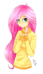 Size: 794x1369 | Tagged: safe, artist:drawcraft123, fluttershy, human, g4, clothes, cyan eyes, digital art, female, hands together, humanized, light skin, long sleeves, looking at you, pink hair, simple background, solo, sweater, sweatershy, transparent background, turtleneck, yellow sweater