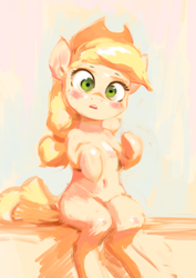 Size: 425x600 | Tagged: safe, artist:assasinmonkey, applejack, earth pony, semi-anthro, g4, belly button, cute, female, jackabetes, sitting, solo