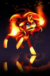 Size: 900x1356 | Tagged: dead source, safe, artist:jacky-bunny, sunset shimmer, pony, unicorn, g4, female, fiery shimmer, fire, fire staff, mouth hold, reflection, solo