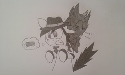 Size: 1024x614 | Tagged: safe, artist:chromchill12, oc, oc only, changeling, biting, cute, ear bite, fangs, hat, monochrome, traditional art