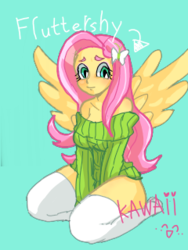 Size: 240x320 | Tagged: safe, artist:特命匿名員, fluttershy, human, equestria girls, g4, barrette, clothes, cyan background, digital art, female, green sweater, hair accessory, hair ornament, hands together, humanized, kneeling, looking at you, off shoulder, off shoulder sweater, pixiv, pony coloring, sitting, solo, spread wings, stockings, sweater, sweatershy, text, thigh highs, white stockings, winged humanization, wings
