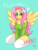 Size: 240x320 | Tagged: safe, artist:特命匿名員, fluttershy, human, equestria girls, g4, barrette, clothes, cyan background, digital art, female, green sweater, hair accessory, hair ornament, hands together, humanized, kneeling, looking at you, off shoulder, off shoulder sweater, pony coloring, sitting, solo, spread wings, stockings, sweater, sweatershy, text, thigh highs, white stockings, winged humanization, wings