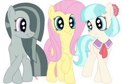 Size: 501x342 | Tagged: safe, artist:squipycheetah, coco pommel, fluttershy, marble pie, pony, g4, cocobetes, crossed hooves, cute, female, hair bow, hair over one eye, looking at you, marblebetes, necktie, raised hoof, shyabetes, simple background, the council of shy ponies, trio, trio female, white background