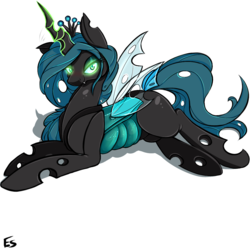 Size: 1200x1200 | Tagged: safe, artist:asadama, queen chrysalis, changeling, changeling queen, g4, bedroom eyes, blushing, colored, crown, female, floppy ears, jewelry, magic, mare, prone, regalia, seductive, simple background, solo