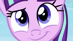 Size: 1280x720 | Tagged: safe, screencap, starlight glimmer, pony, unicorn, g4, the cutie re-mark, close-up, cute, dreamworks face, female, glimmerbetes, glimmerposting, looking at you, raised eyebrow, s5 starlight, smiling, solo, when she smiles