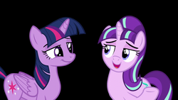 Size: 1280x720 | Tagged: safe, screencap, starlight glimmer, twilight sparkle, alicorn, pony, g4, season 5, the cutie re-mark, black background, eye contact, female, friends, lidded eyes, mare, new friendship, open mouth, raised hoof, redemption, s5 starlight, simple background, smiling, sparkly eyes, twilight sparkle (alicorn), wingding eyes