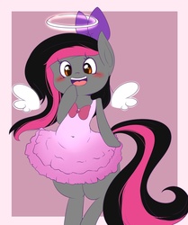 Size: 818x977 | Tagged: safe, artist:verminshy, oc, oc only, oc:crossie, angel, blushing, bow, clothes, crossdressing, cute, dress, floating wings, halo, ocbetes, solo, wings