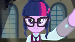 Size: 1280x720 | Tagged: safe, screencap, sci-twi, twilight sparkle, equestria girls, g4, my little pony equestria girls: friendship games, canterlot high, clothes, crystal prep academy uniform, female, left handed, necktie, school, school tie, school uniform, schoolgirl, solo