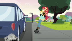 Size: 1280x720 | Tagged: safe, screencap, sunset shimmer, equestria girls, g4, my little pony equestria girls: friendship games, car, shocked, tree