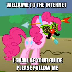Size: 300x300 | Tagged: safe, edit, edited screencap, screencap, pinkie pie, earth pony, pony, g4, griffon the brush off, arrow through hat, female, image macro, mare, meme, party horn, solo, tour guide, welcome to the internet