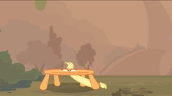 Size: 2048x1149 | Tagged: safe, artist:brutalweather studio, applejack, earth pony, pony, apple thief (animation), g4, cartoon physics, flattened, inanimate tf, show accurate, solo, table, table pony, tablejack, transformation, wat, youtube link